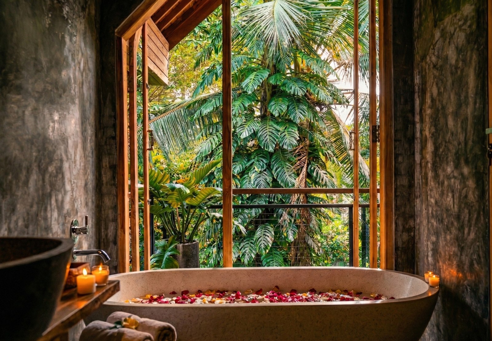 Hand-carved stone bathtub at Jungle Escape facing tropical greenery