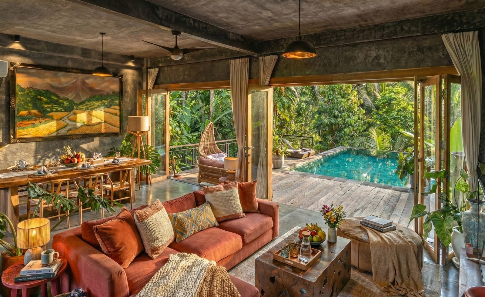 Open-air timber living room at Jungle Escape overlooking the private pool