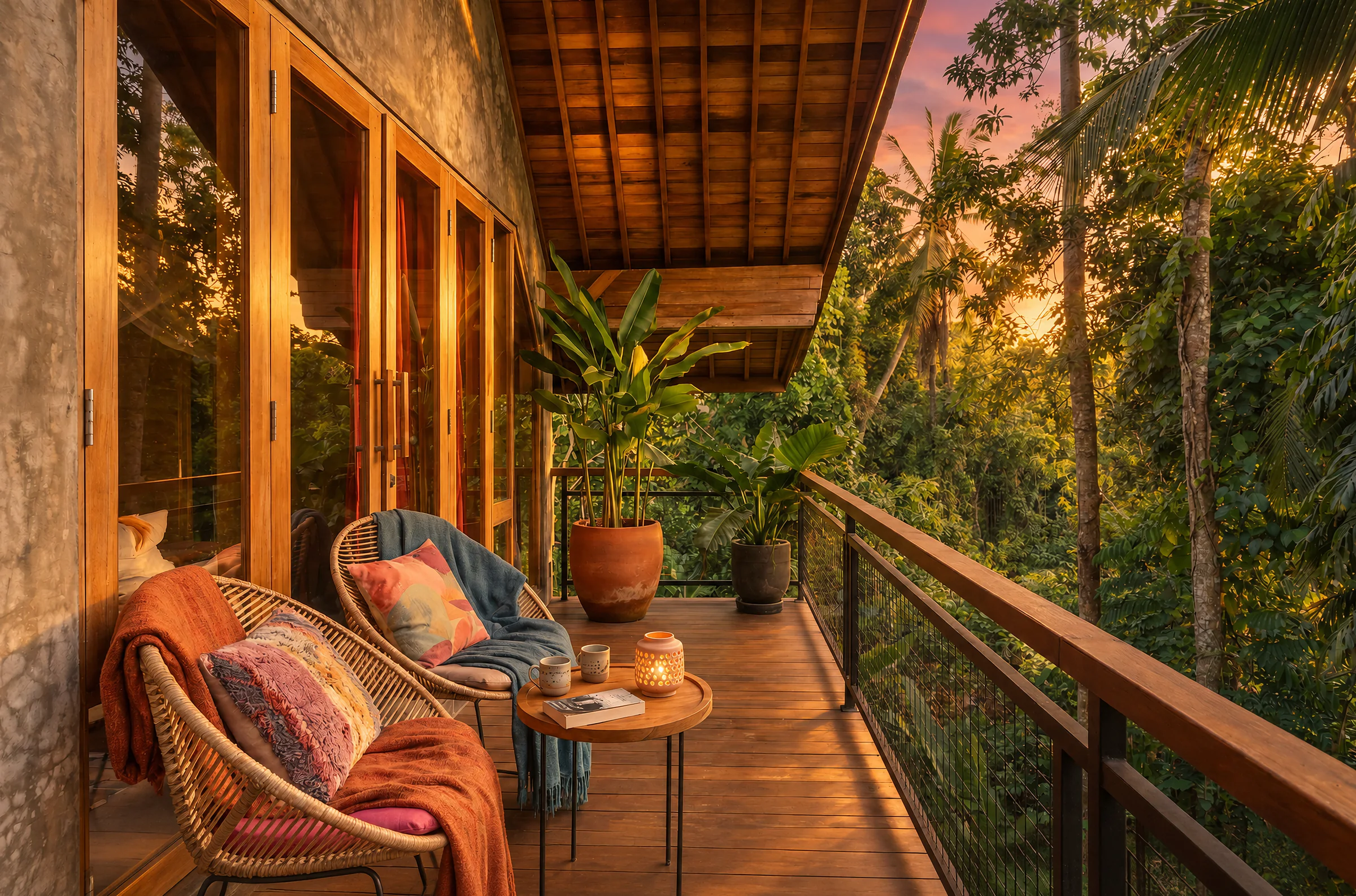 Timber veranda with woven chairs and a small table overlooking palms at The Jungle Villa Ubud in Ubud