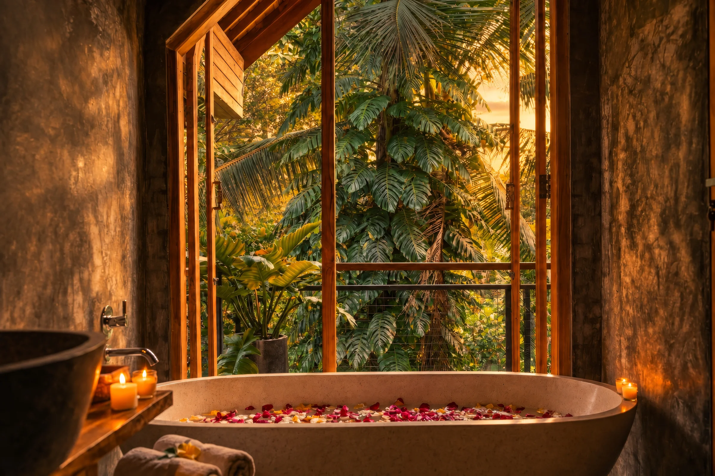 Petal-filled freestanding soaking tub beside a tall window overlooking tropical greenery at The Jungle Villa Ubud