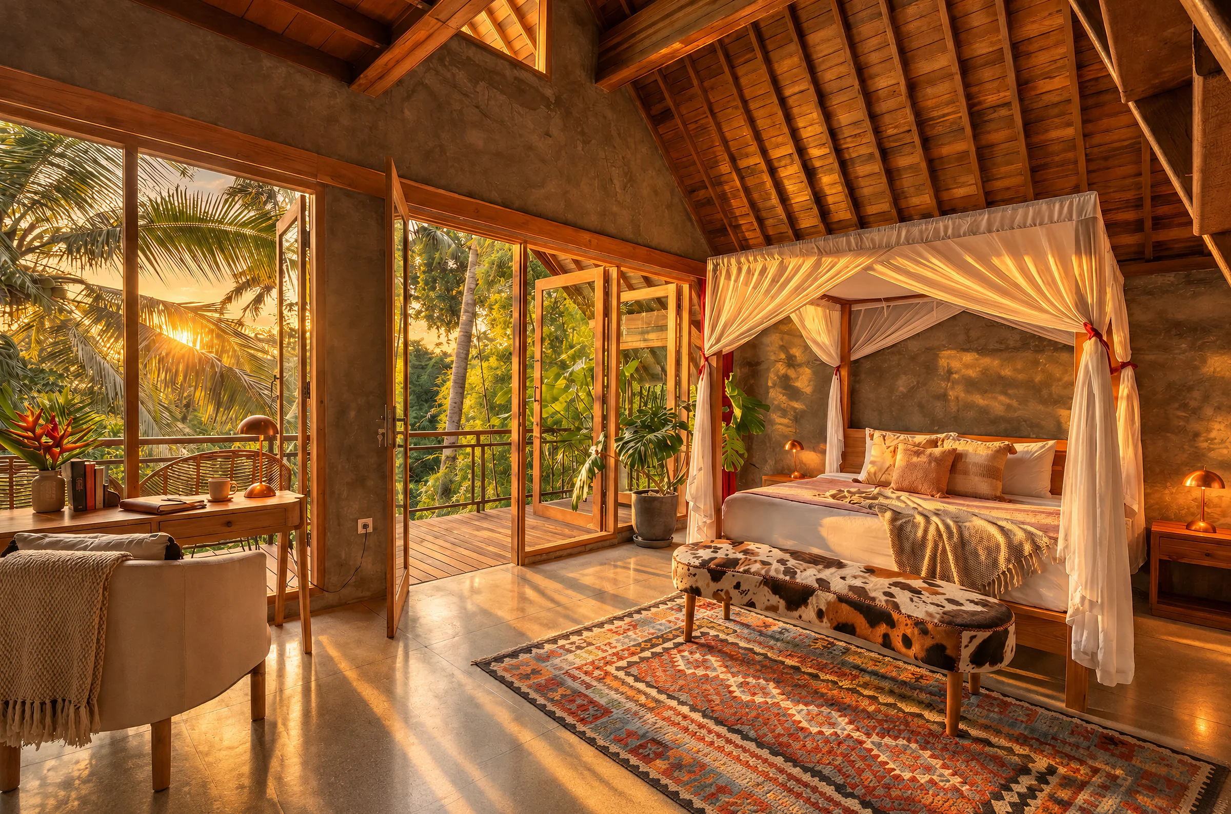 King canopy bed beneath timber rafters with glass doors opening to tropical greenery at The Jungle Villa Ubud