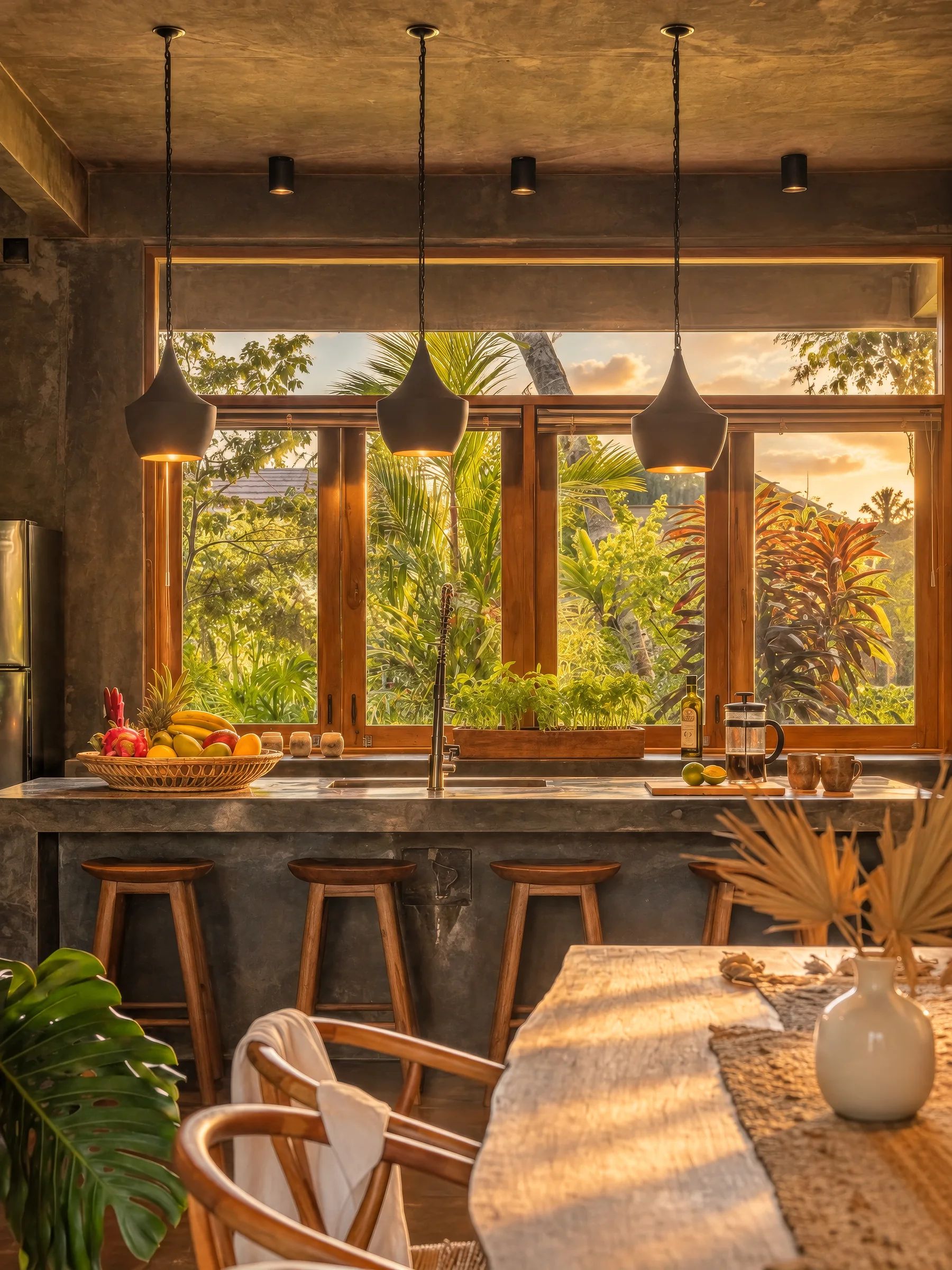 Villa kitchen and timber dining table beneath pendant lights with a view of tropical greenery