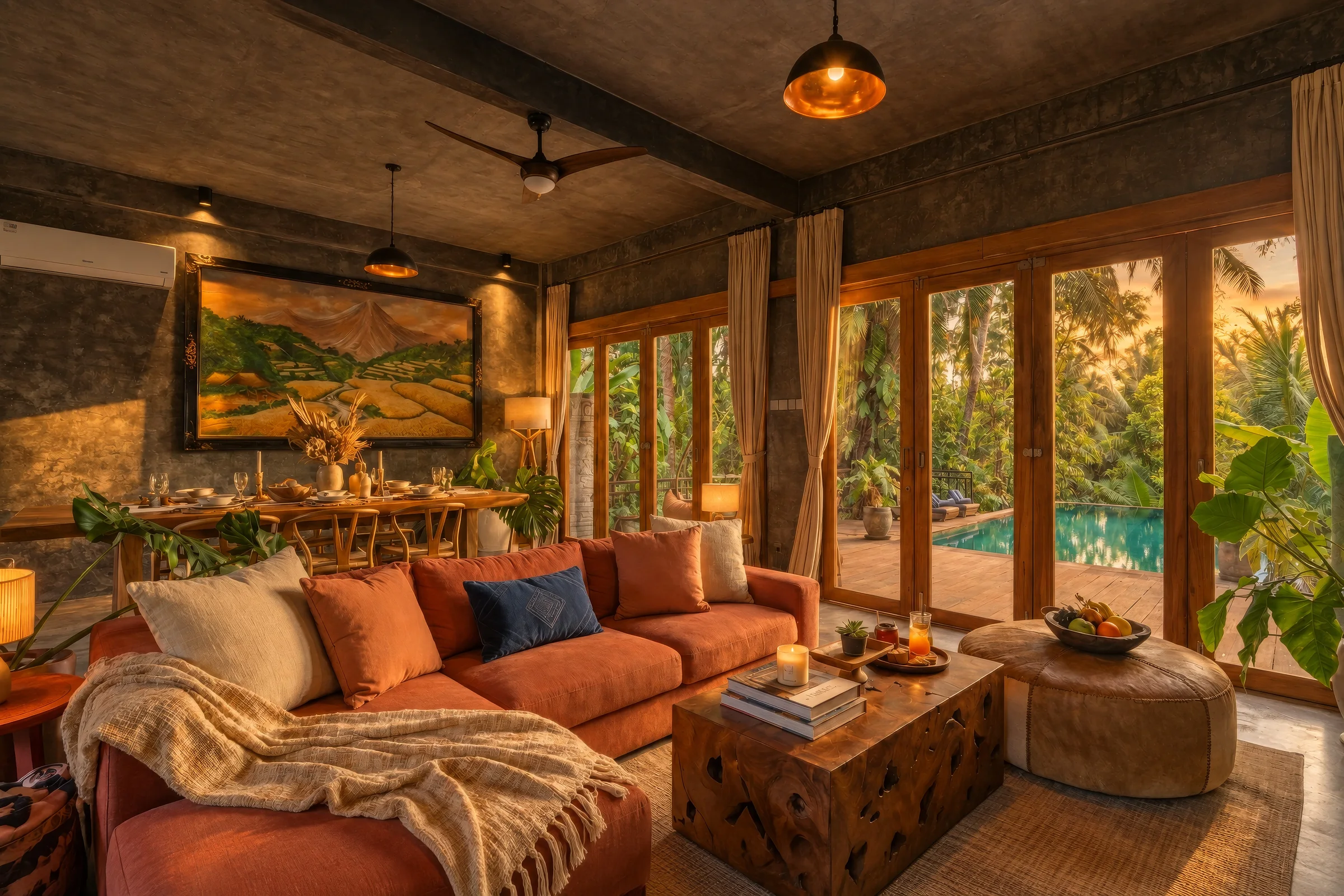Open living pavilion with timber architecture and tropical greenery at The Jungle Villa Ubud