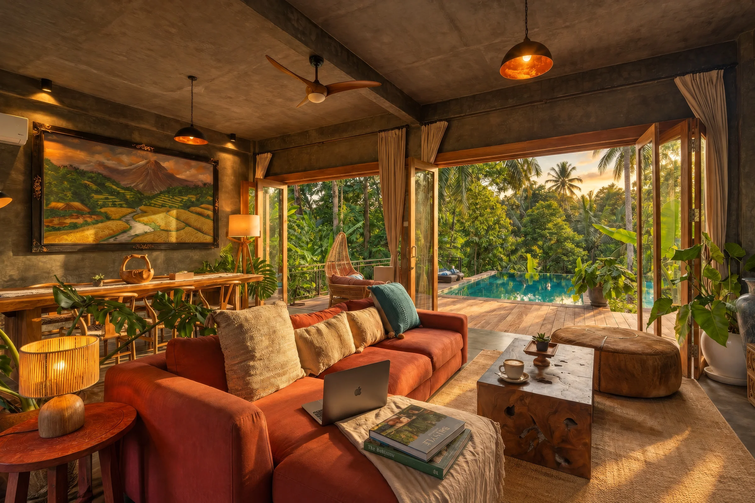 Open-air living room with warm-toned seating flowing onto the timber pool deck at The Jungle Villa Ubud
