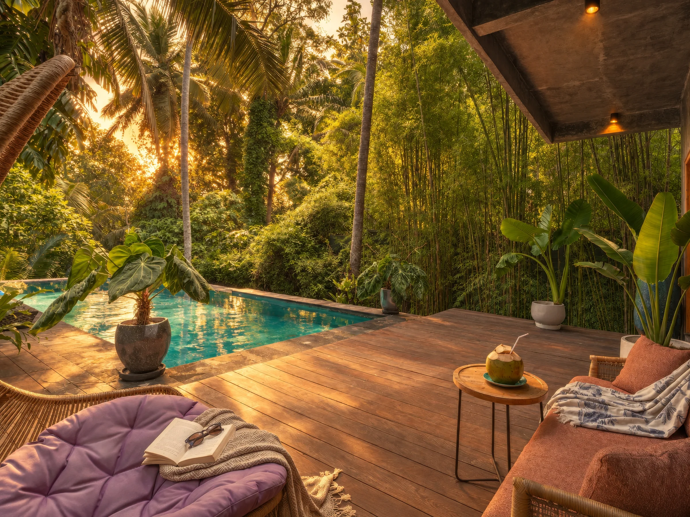 Private turquoise pool beside a timber terrace and lounge seating surrounded by palms at The Jungle Villa Ubud
