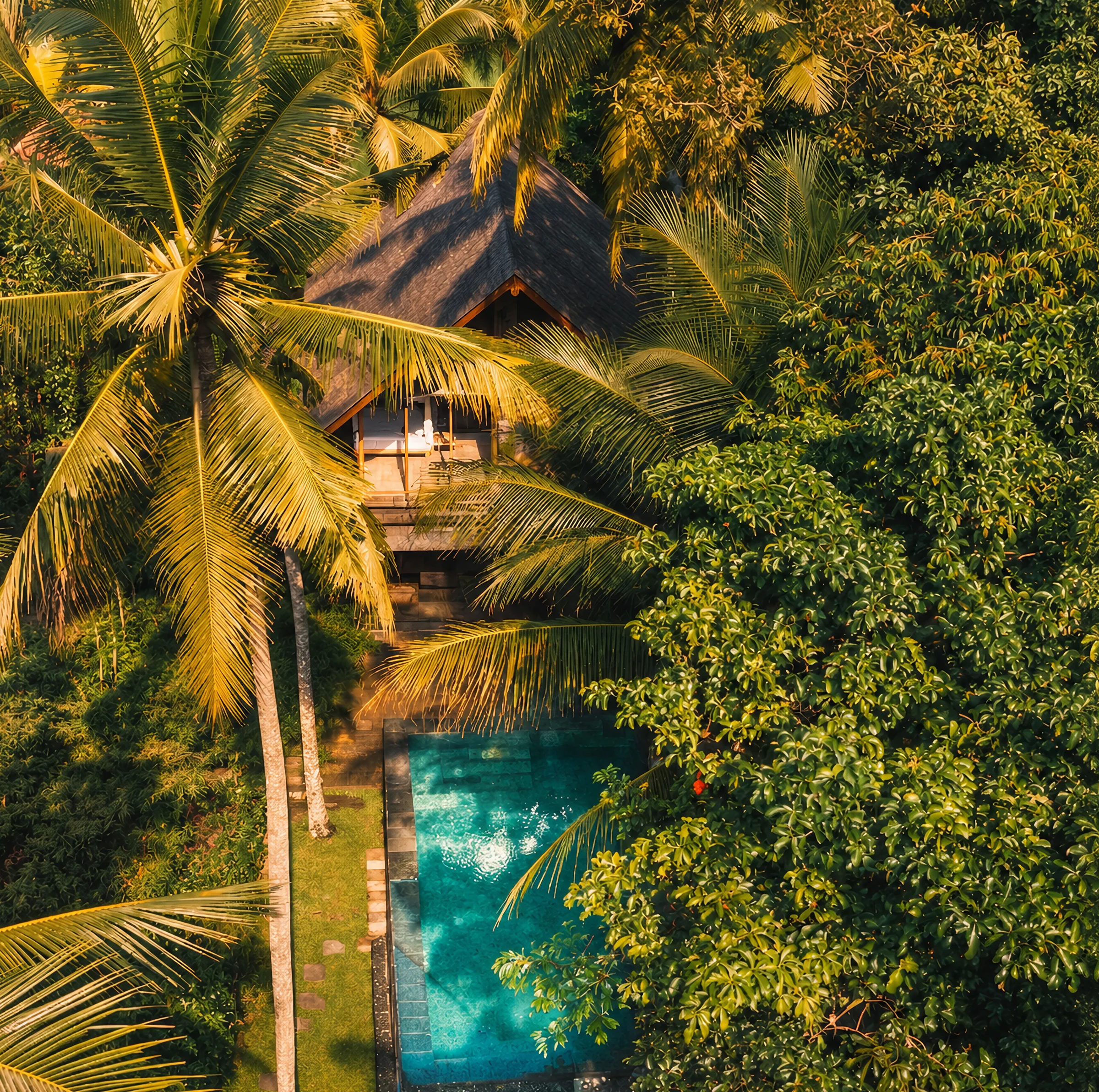 Aerial view of The Jungle Villa Ubud villa and its turquoise private pool surrounded by palms in Penestanan
