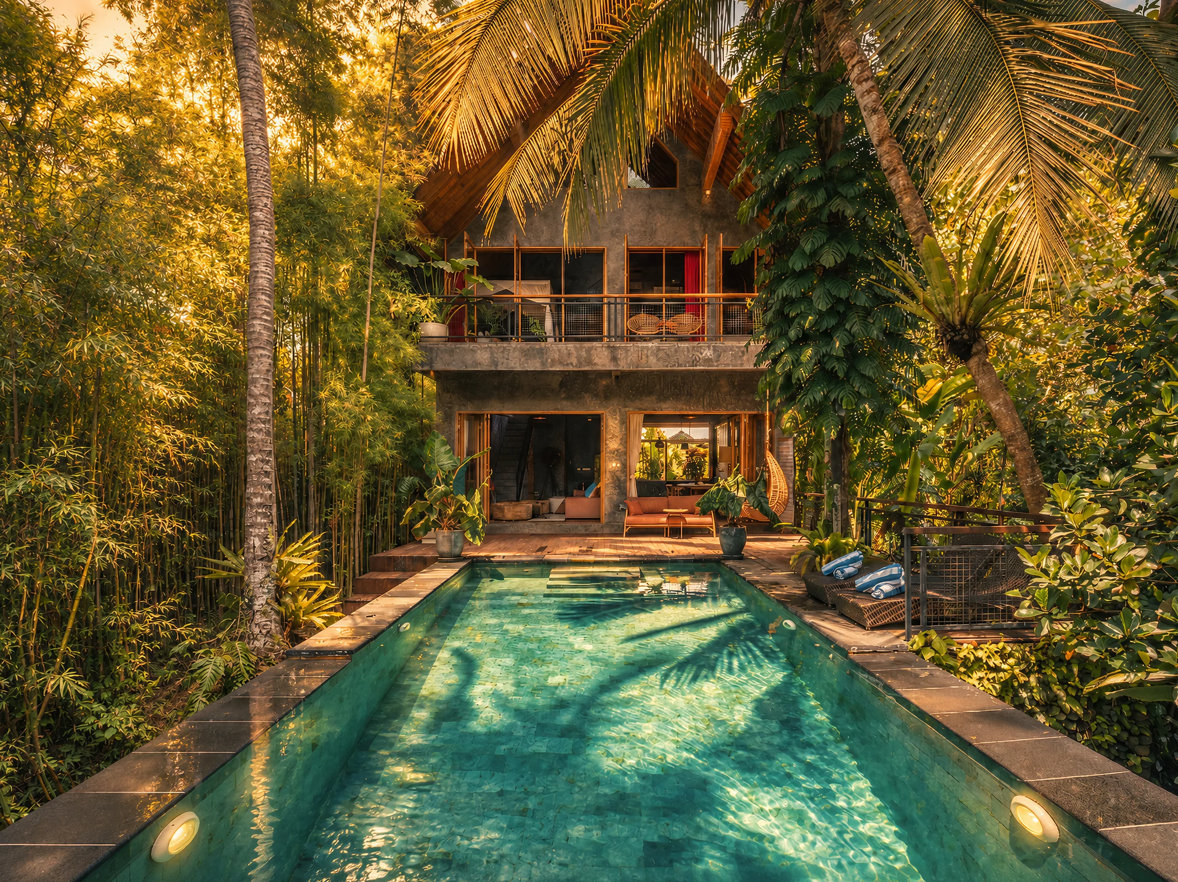 The Jungle Villa Ubud’s turquoise private pool leading toward the timber villa, framed by palms in Penestanan, Ubud