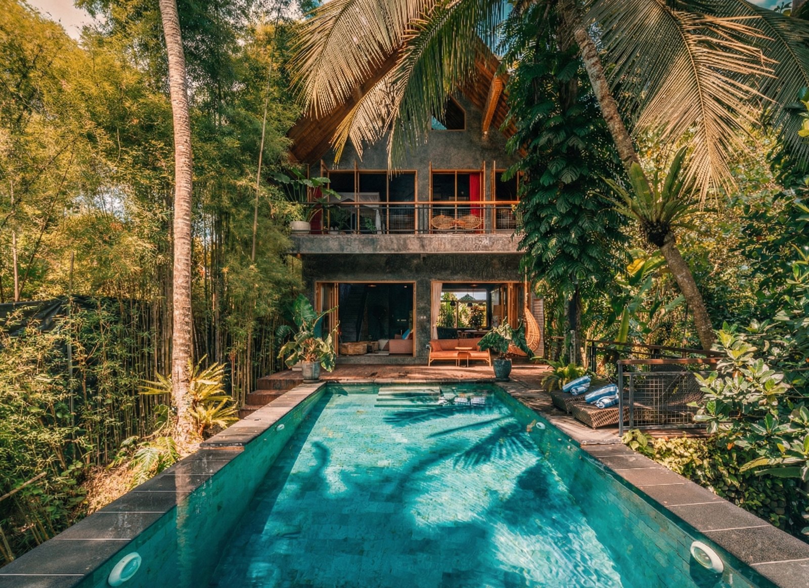 Jungle Escape villa rising above a turquoise infinity pool and tropical gardens